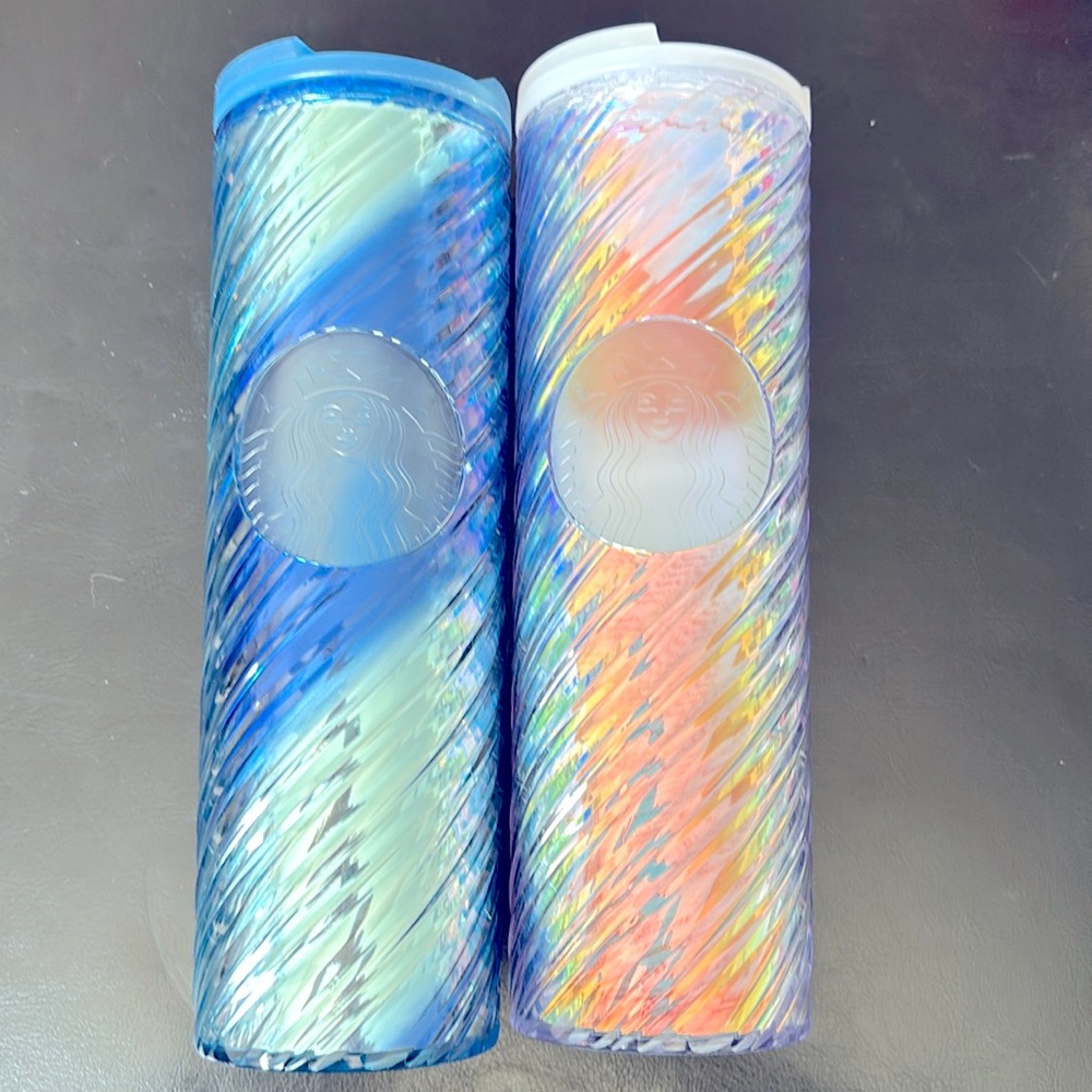 Blue and iridescent Starbucks tumblers. Selling as a set.